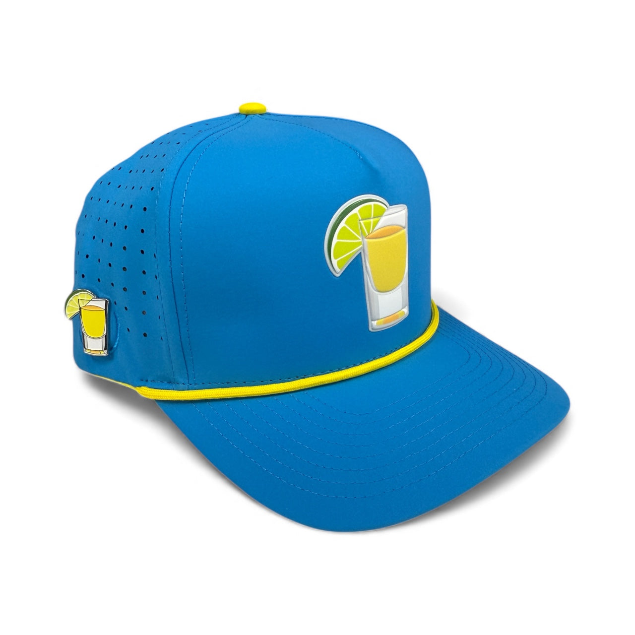 Tequila and Lime Golf Hat | Snapback Cap | Built-in Magnetic Ball Marker Holder + Marker Included | Adjustable | Shot Glass